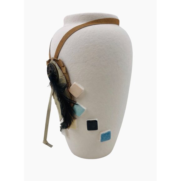 Native American Indian Style Vase Feather Vase White Home Decor Pottery 8 in - Picture 9 of 10